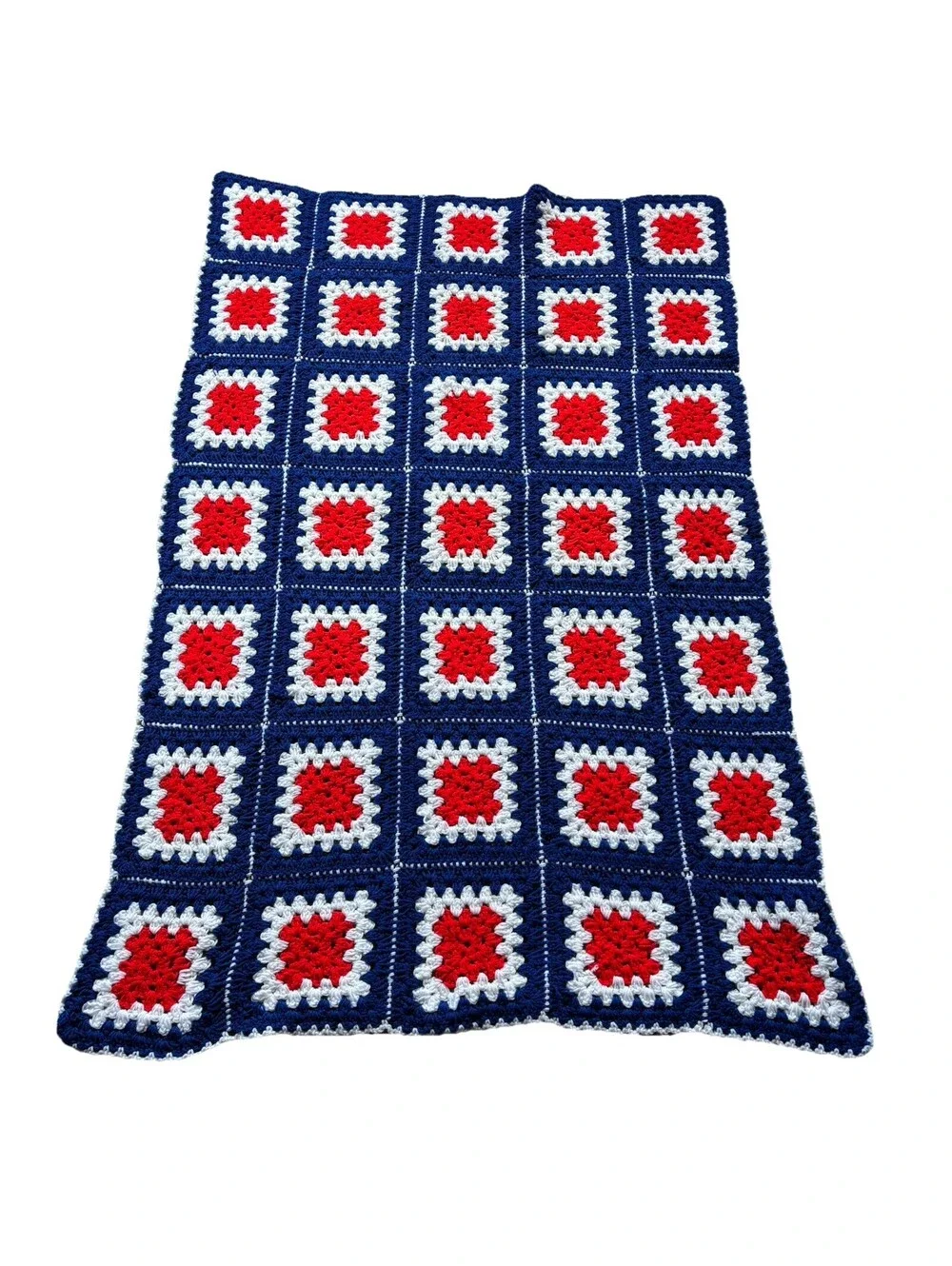 Vintage Handmade Afghan Crochet Blanket Quilt Granny Square American Flag 56x38”
